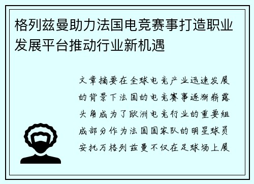 格列兹曼助力法国电竞赛事打造职业发展平台推动行业新机遇