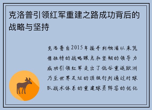克洛普引领红军重建之路成功背后的战略与坚持