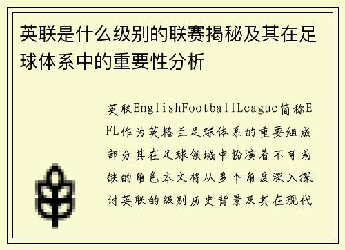 英联是什么级别的联赛揭秘及其在足球体系中的重要性分析